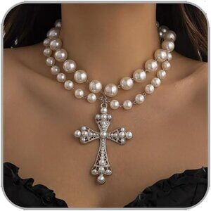 Punk Layered Cross Pendant Necklace with Faux Pearls - Chic Gothic Accessory